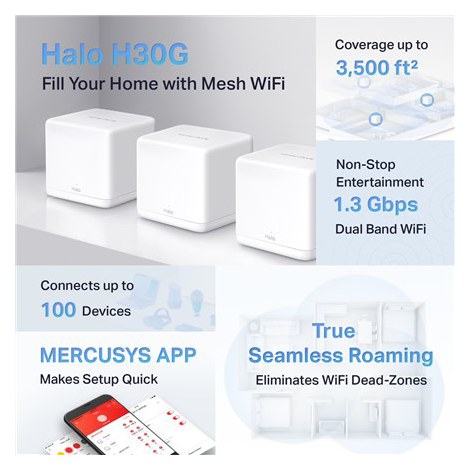 Mercusys | AC1300 Whole Home Mesh Wi-Fi System | Halo H30G (3-Pack) | 802.11ac | 400+867 Mbit/s | Mbit/s | Ethernet LAN (RJ-45) - 4